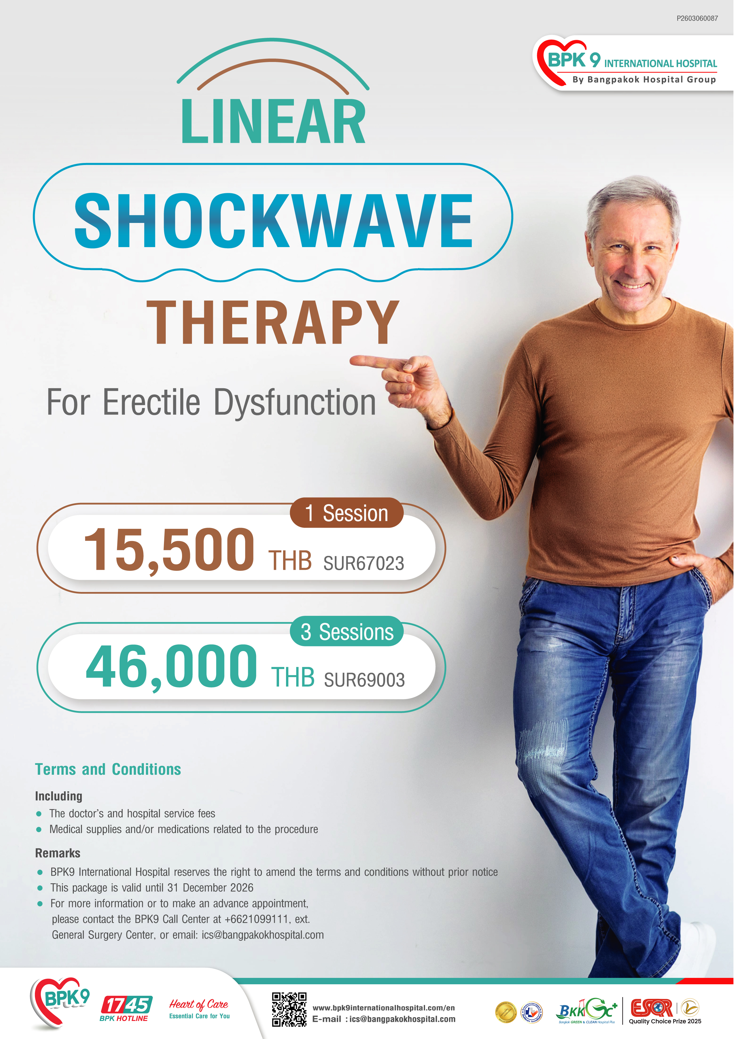Linear Shockwave Therapy for ED - Men’s Health / Urology medical package at Bangpakok 9 International Hospital starting from THB 15,500 (1 session)
THB 46,000 (3 sessions)