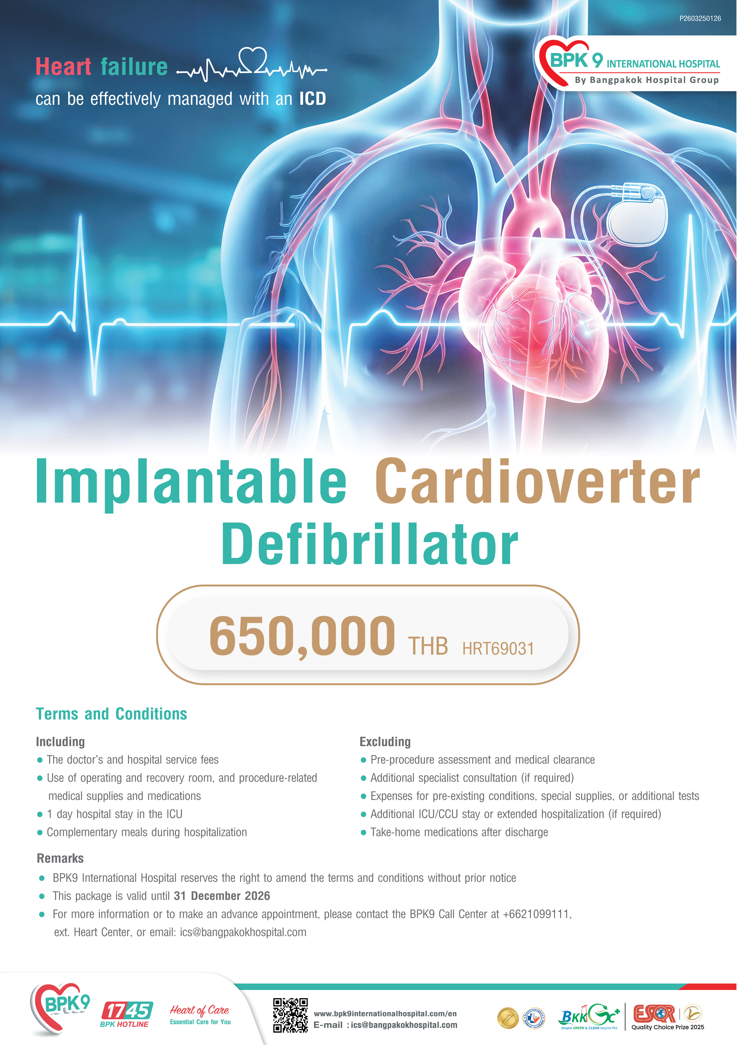 Implantable Cardioverter Defibrillator (ICD) - Cardiology medical package at Bangpakok 9 International Hospital starting from THB 650,000