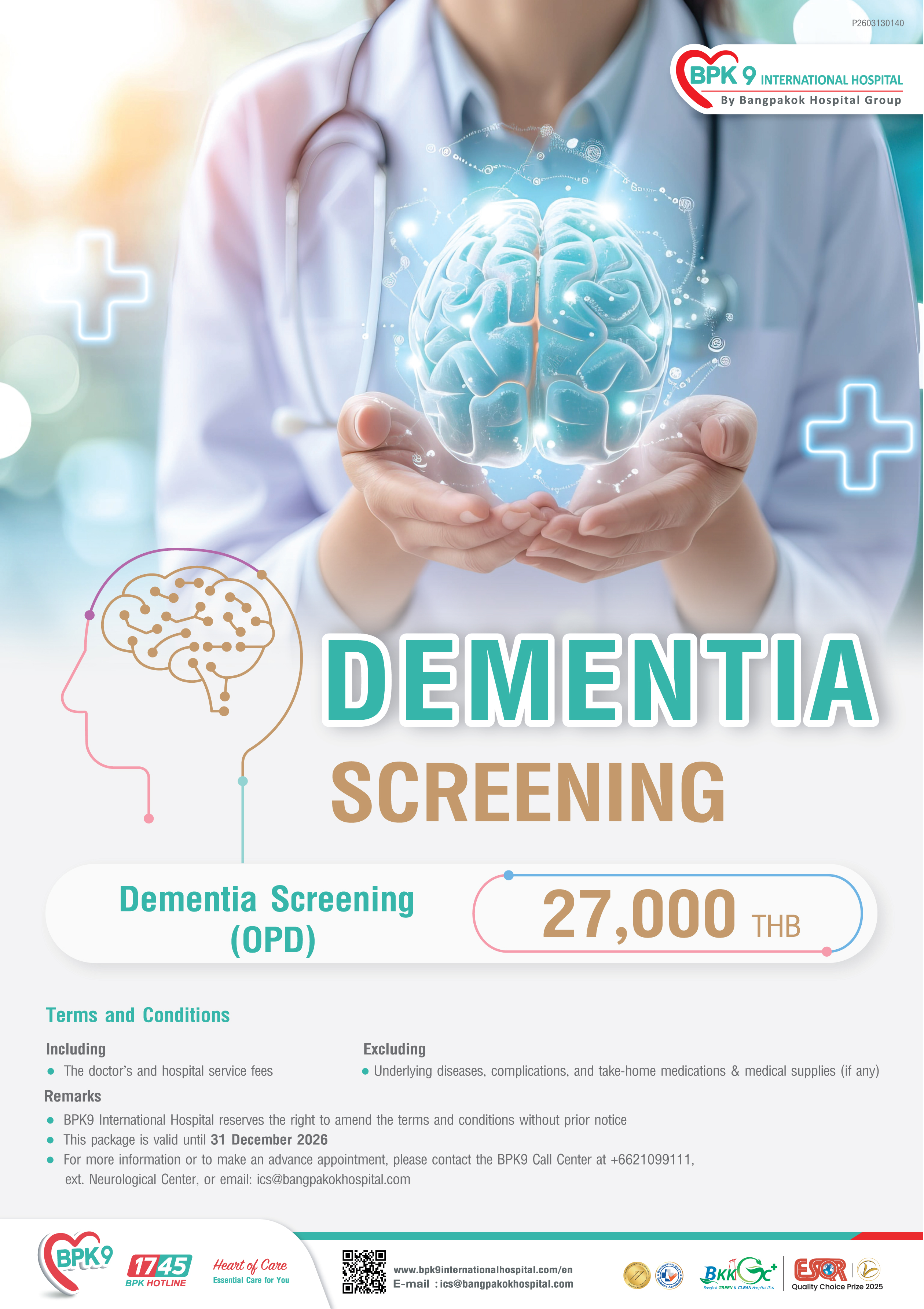 Dementia Screening - Neurology / Preventive Health medical package at Bangpakok 9 International Hospital starting from THB 27,000