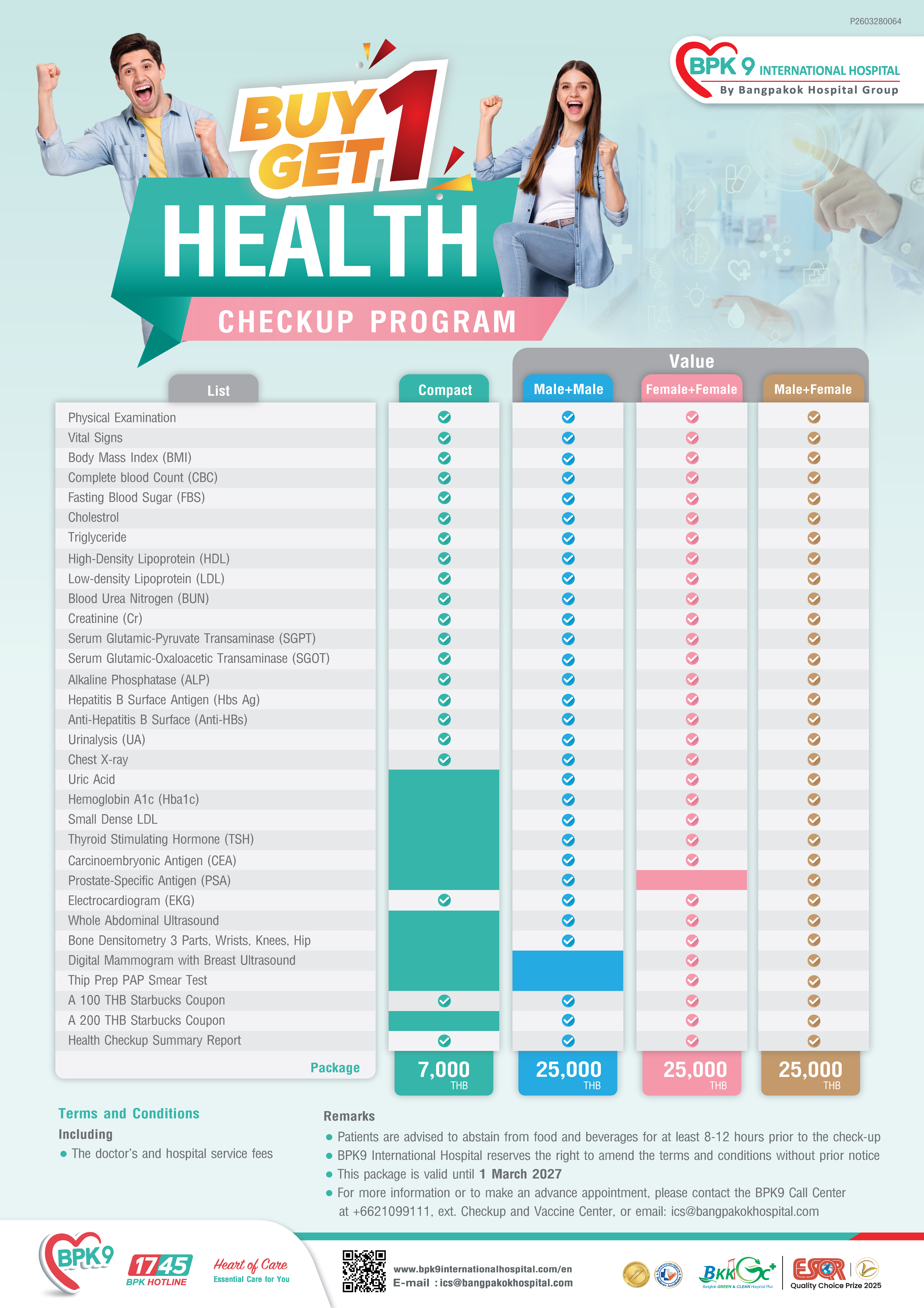 Buy 1 Get 1 Health Check-Up Program - Check-Up & Screening medical package at Bangpakok 9 International Hospital starting from Compact: THB 7,000
Value Packages: THB 25,000